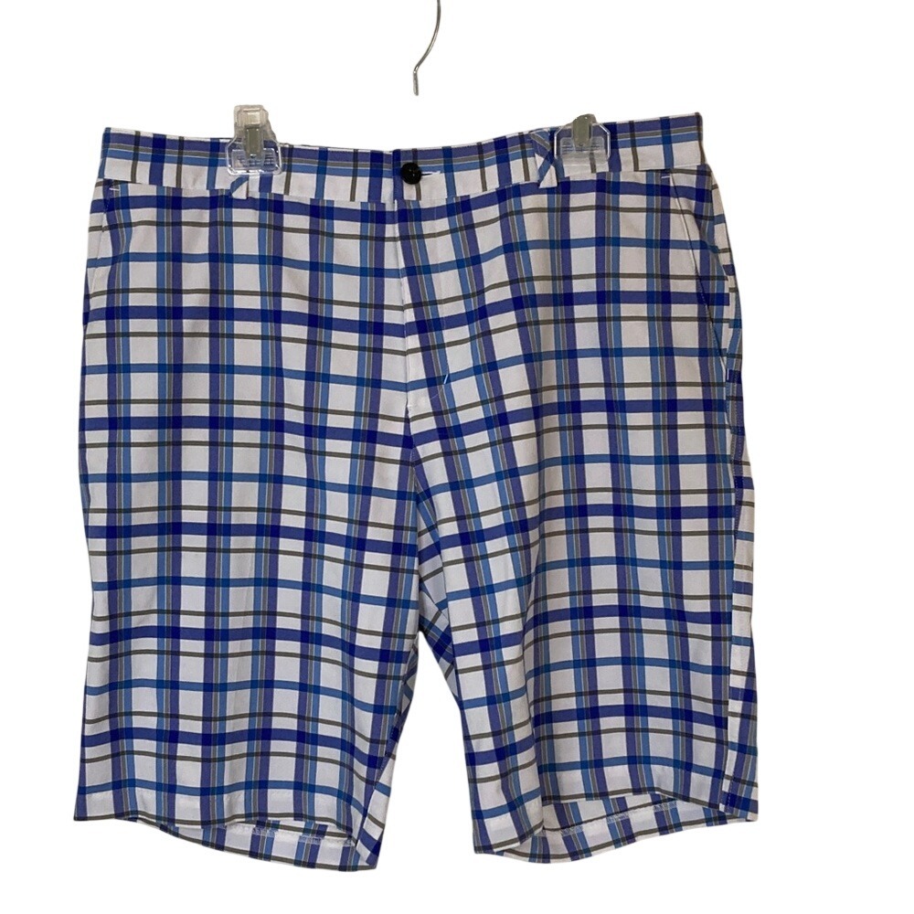 Adidas Mens Blue White Plaid Shorts Size 38 Golf Sports Outdoors Preppy Stylish
